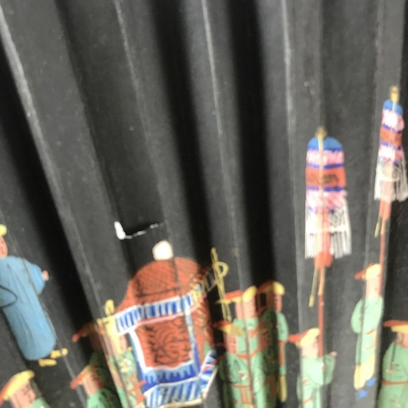 Vintage Asian Handheld Fan Band Parade Scene Black Hand Painted - Picture 5 of 10